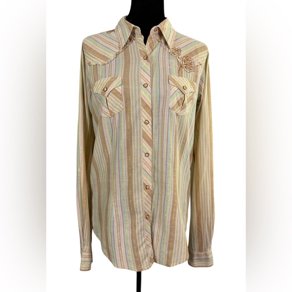 Twenty X Tailored Fit Floral Embroidered Western Raw Edge Trim Shirt M, Striped